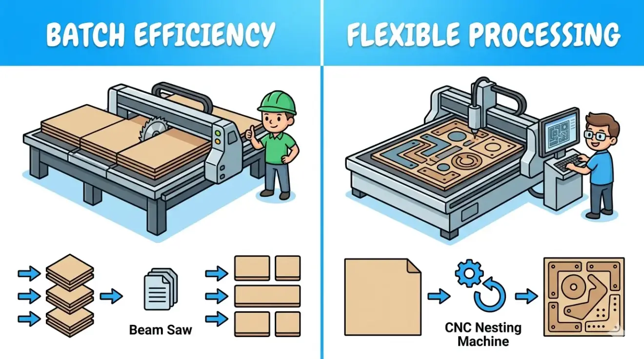 Beam Saw Vs CNC Nesting Machine Choosing Between Batch Efficiency and Flexible Processing